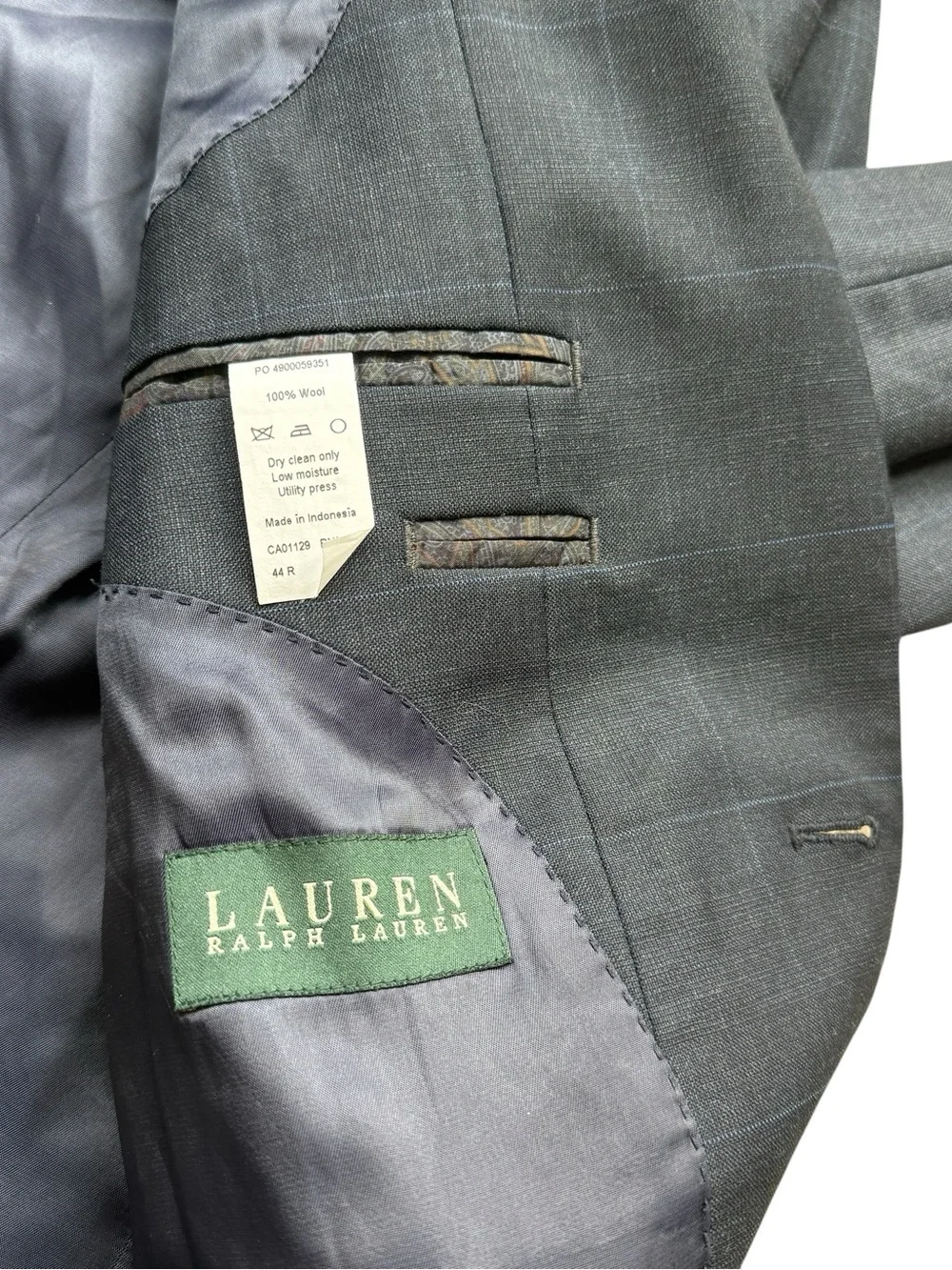 Lauren Ralph Lauren 100% Wool Gray Blue Windowpane Sport Coat Blazer 44R Classic